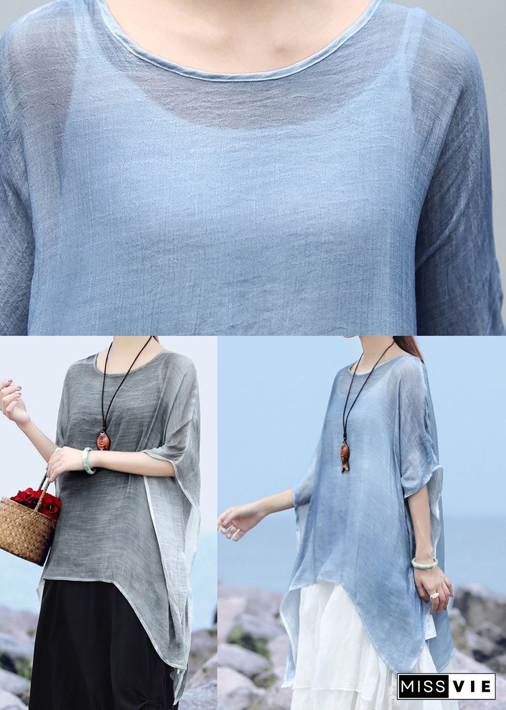 Plus Size Blue O-Neck Asymmetrical design Linen Tops Batwing Sleeve