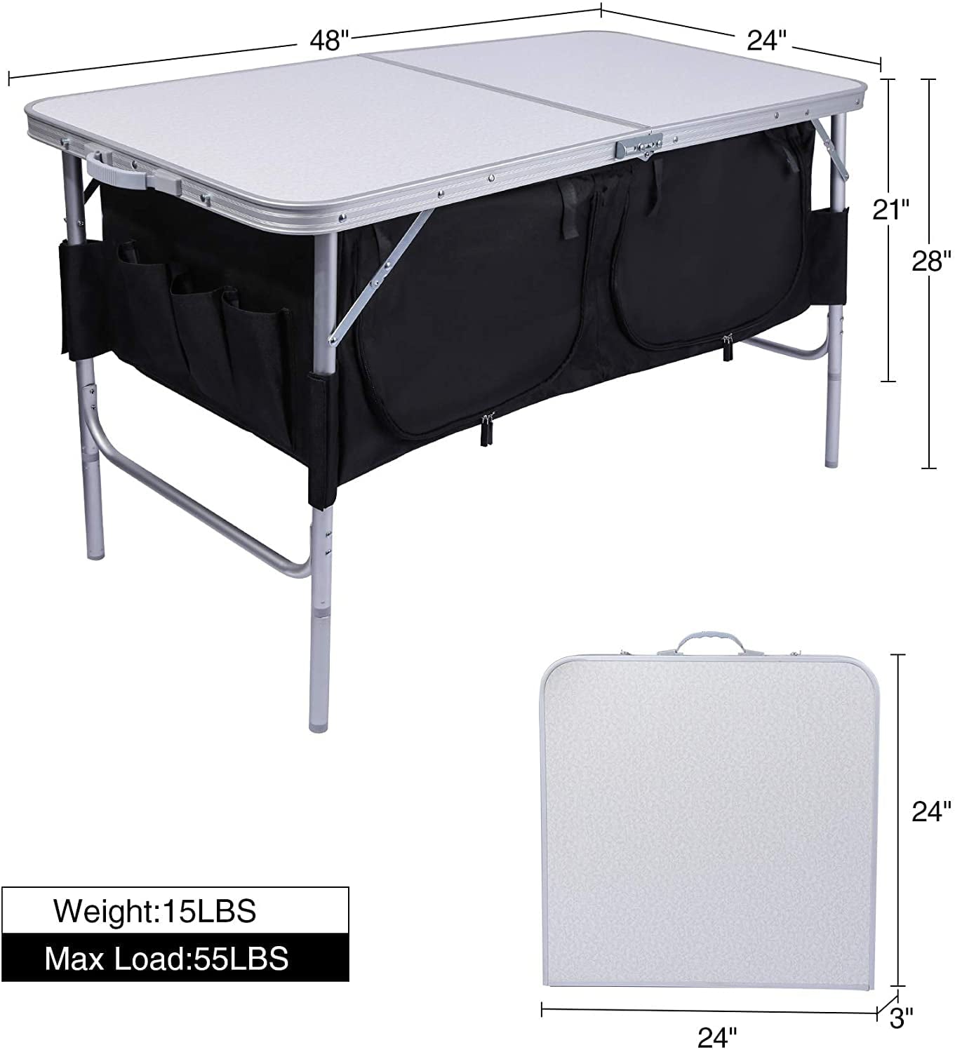 REDCAMP 4 Foot Folding Table Adjustable Height with Mesh Storage Organizer， Lightweight Portable Camping Table for Picnic Cooking Outdoor Indoor， White 24 x 48 inches