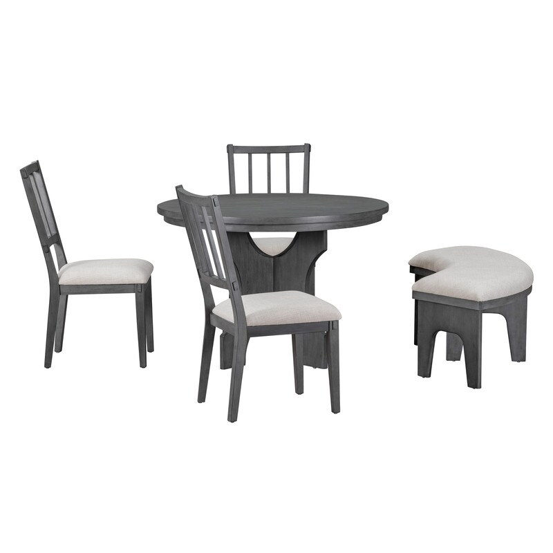 5 Piece Dining Table Set  Round Dining Table with Curved Bench   Side Chairs for Dining Room and Kitchen