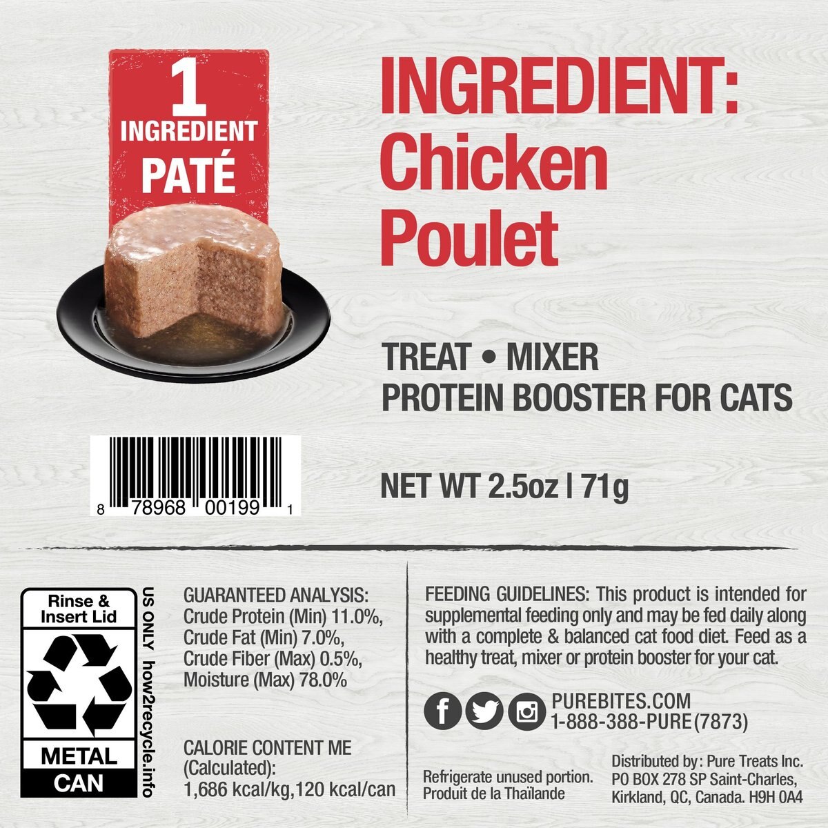 PureBites 100% Pure Chicken Paté Cat Food Toppings， 2.5-oz can， 12 count