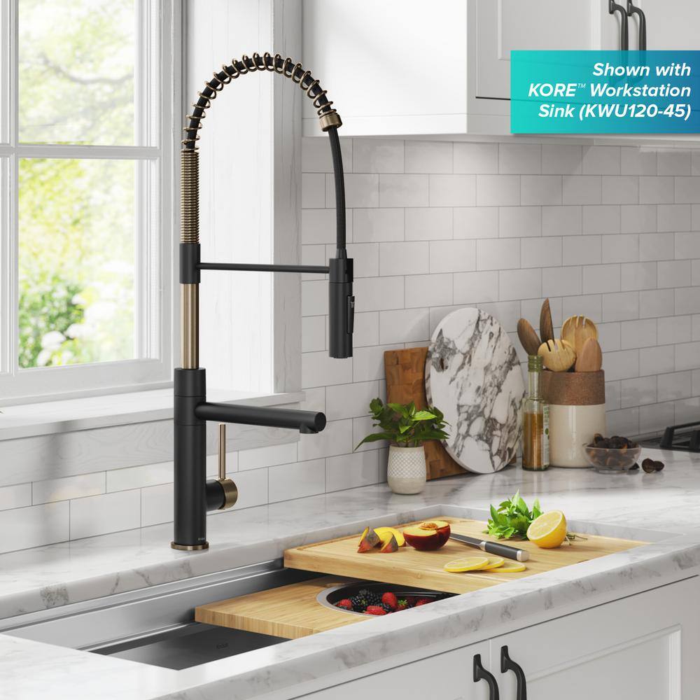 KRAUS Artec Pro Pull-Down Single Handle Kitchen Faucet with Pot Filler in Spot Free Antique Champagne Bronze  Matte Black KPF-1604SFACBMB