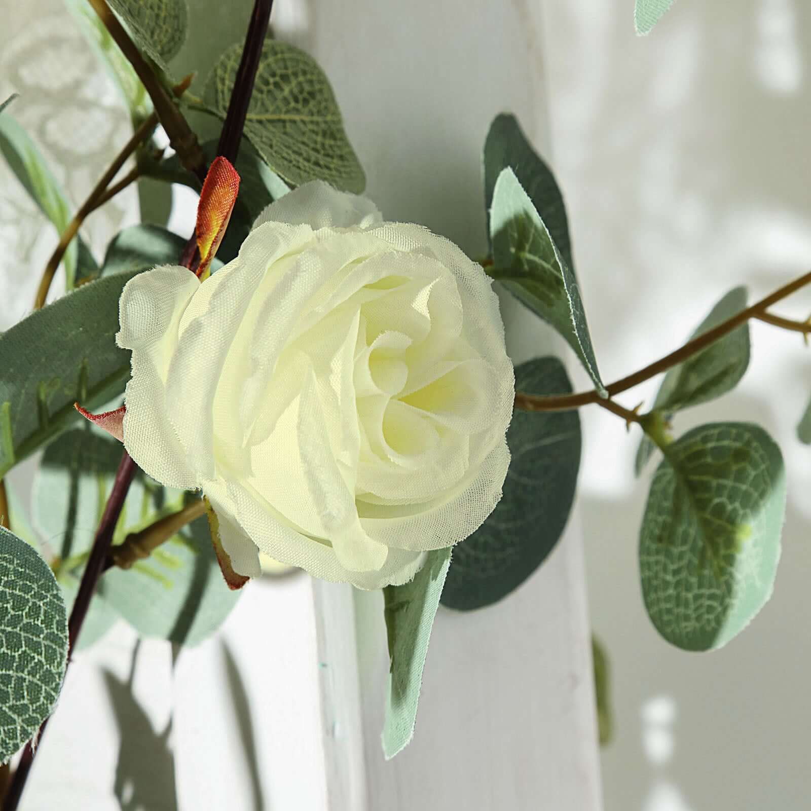 Green/Ivory Artificial Eucalyptus Leaf, Rose Flower Garland Vine 6ft