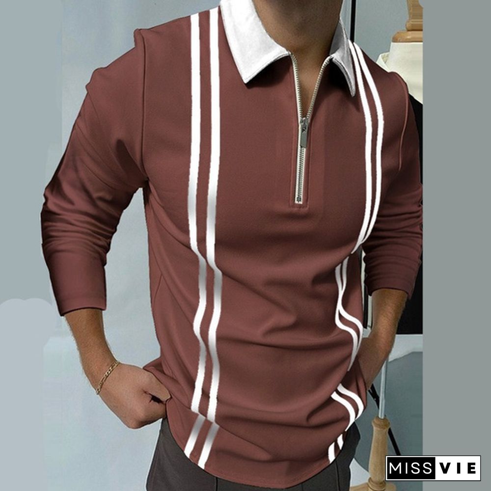 Men's Zipper Lapel Polo Shirt Plaid Print Long-sleeved T-shirt