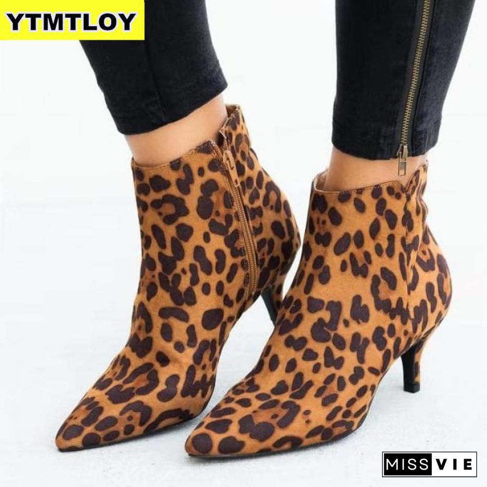 NEW Women's Ankle Boots Leopard Women Pointed Toe Ladies Chunky High heel Female Shoes Woman Footwear Plus Size 35-43 Snake