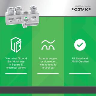 Square D 3 Terminal Ground Bar Kit for QOHomeline Electrical PanelLoad Center PK3GTA1CP