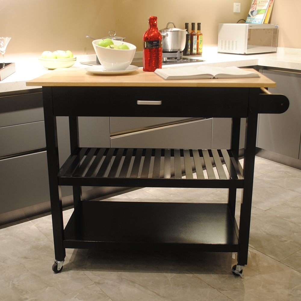 Kitchen Island Cart with Lockable Castors  One Large Drawer and Double Display Shelves  Solid Wood Top