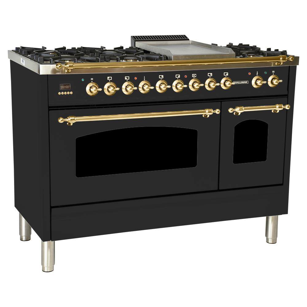 Hallman 48 in. 5.0 cu. ft. Double Oven Dual Fuel Italian Range True Convection 7 BurnersGriddleBrass Trim in Matte Graphite HDFR48BSMG