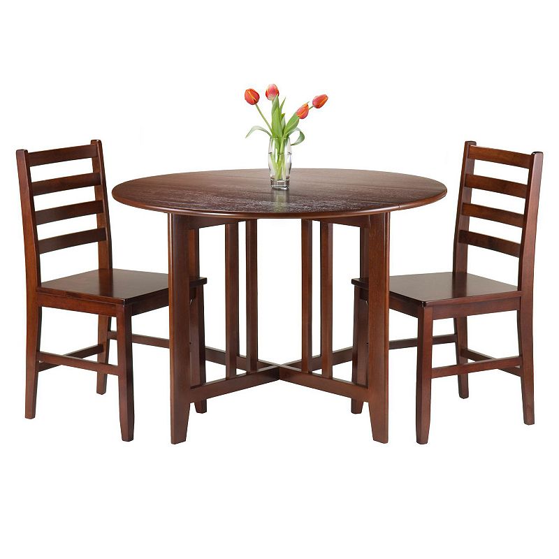 Set of 3 Walnut Finish Solid Wood Round Drop Leaf Table with 2 Ladder Back Chairs Set 42”