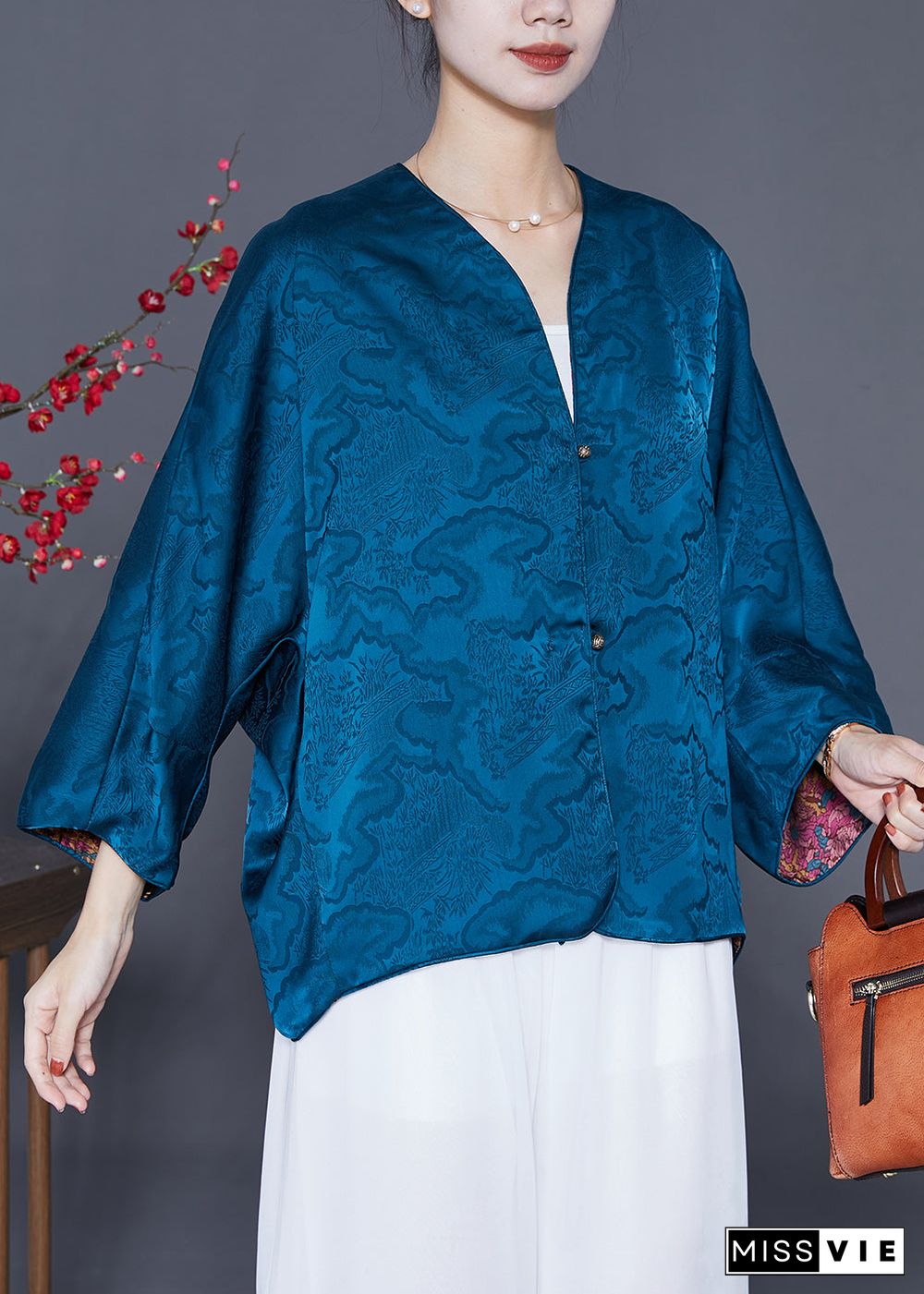 Blue Print Silk Loose Coat Wear On Both Sides Summer