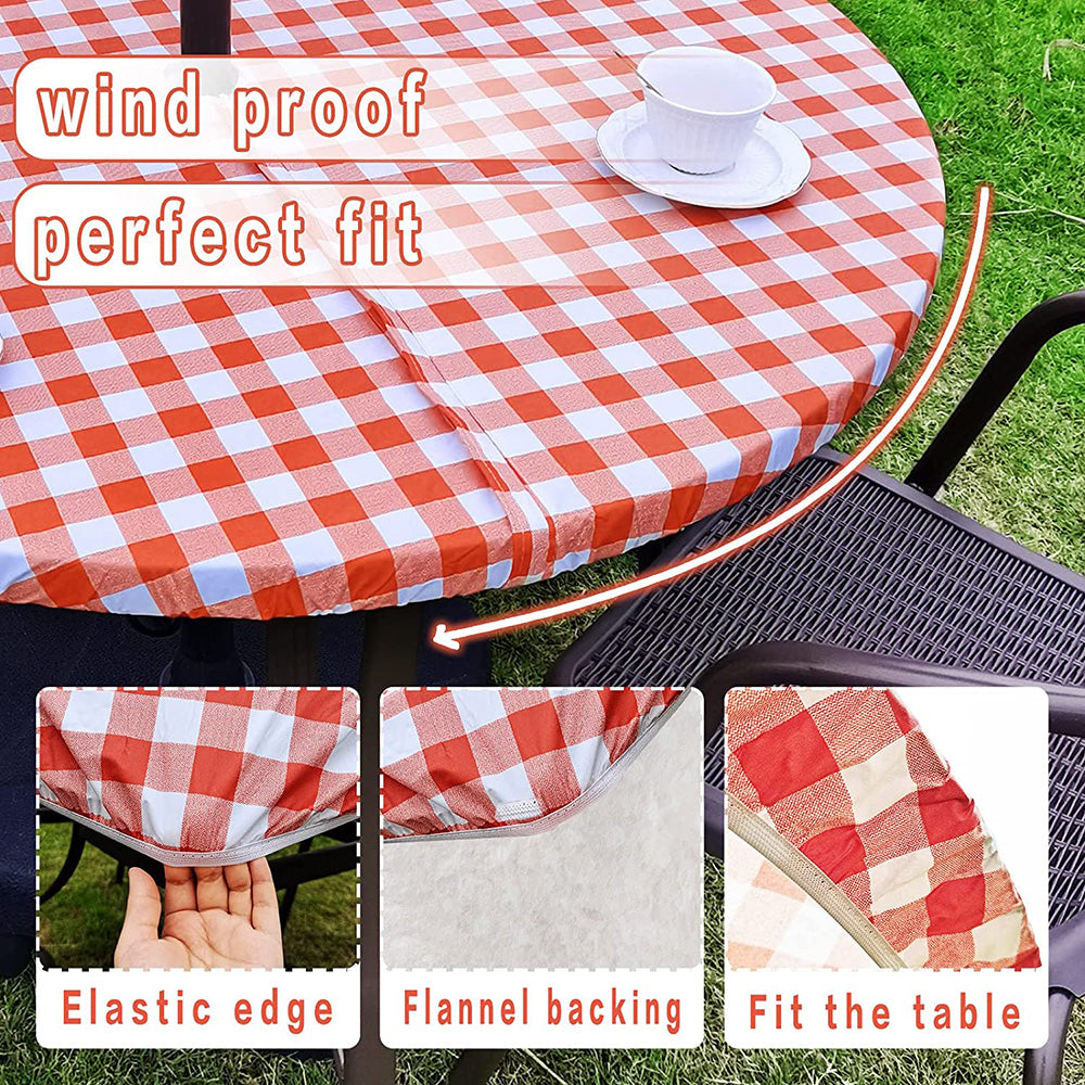 Vinyl Round Fitted Tablecloth With Umbrella Hole Table Cover With Flannel Backing Oil&Waterproof Wipeable Vibrant Colors Elastic Edge Table Cover - Red & White Grid 36-44"