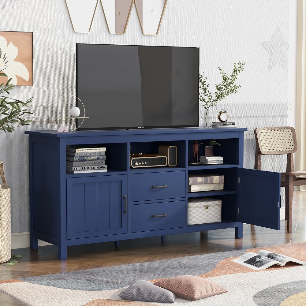 Classic Rustic Style TV Stand with 2 3 Tier Storage Cabinets with MDF Door at Both Sides   2 Drawers  TV Cabinet for Living Room