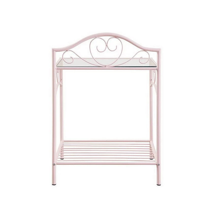 Metal Nightstand with Glass Top and Open Bottom Shelf， Pink and Clear