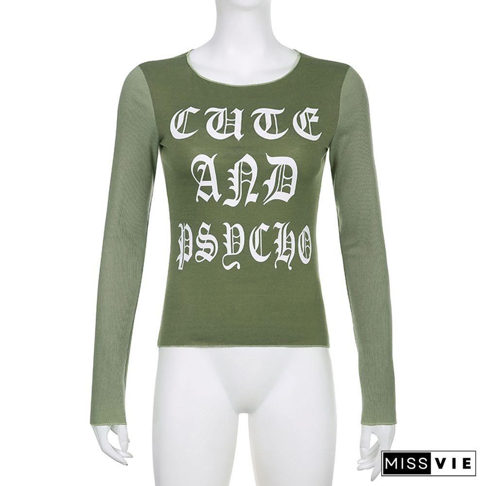 Gothic T Shirt Y2k Aesthetic Letter Print Long Sleeve Crop Top Women Sweats Grunge Fairycore Clothes Basic Streetwear