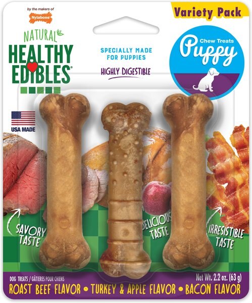 Nylabone Healthy Edibles Bacon， Roast Beef， and Turkey Puppy Starter Kit Dog Treats