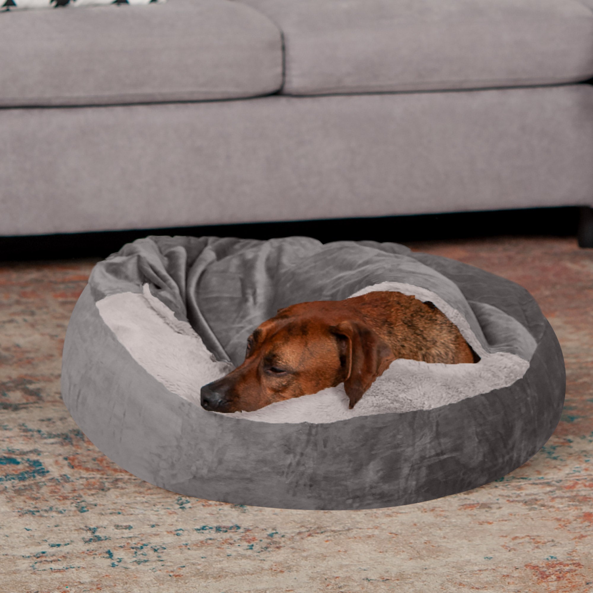 FurHaven | Wave Faux Fur & Velvet Hooded Donut Pet Bed for Dogs & Cats, Dark Gray, Medium