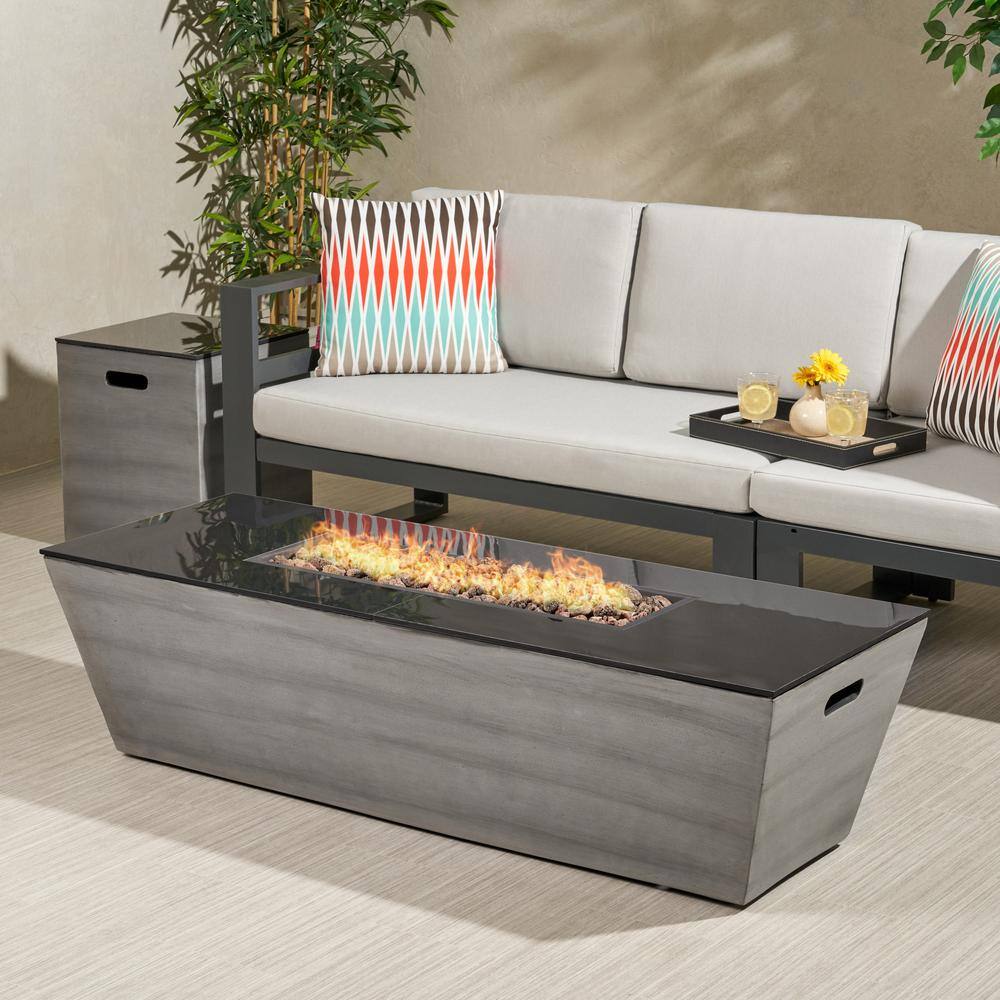 Noble House Langton 16 in. x 20 in. Rectangular Concrete Propane Fire Pit in Dark gray with Tank Holder 70827