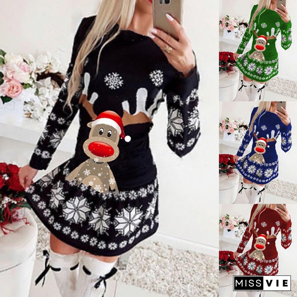 New Womens Christmas Elk Mini Dress Ladies Long Sleeve Xmas Bodycon Dresses Plus Size XS-5XL