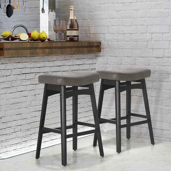 24 Inch Solid Wood Barstools with Linen / PU Leather Fabric Cushion， Set of 2