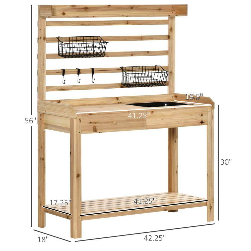 ITOPFOX 42.25 in. W x 56 in. H Natural Garden Work Bench with Metal Sieve Screen Removable Sink Hooks and Baskets H2SA21OT047