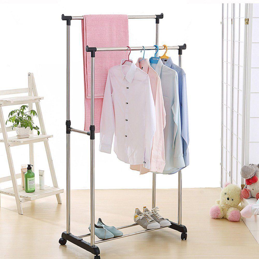 Ktaxon Double Heavy Duty Rail Portable Clothes Hanger Rolling Garment Rack Adjustable