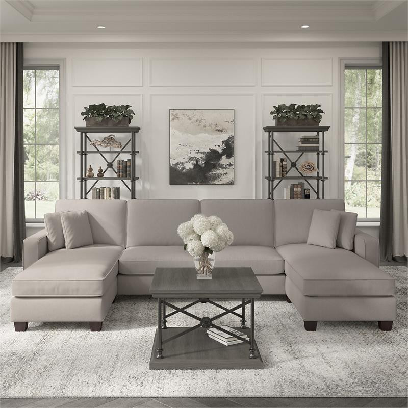 Stockton 130W Sectional with Double Chaise in Beige Herringbone Fabric   Transitional   Sectional Sofas   by Homesquare  Houzz