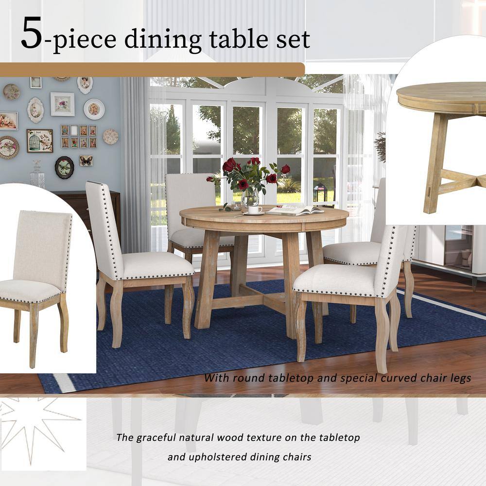 URTR 5-Piece Natural Wood Top Round Dining Table Set Extendable Kitchen Table and 4 Upholstered Dining Chairs for 4 Person T-01421-E