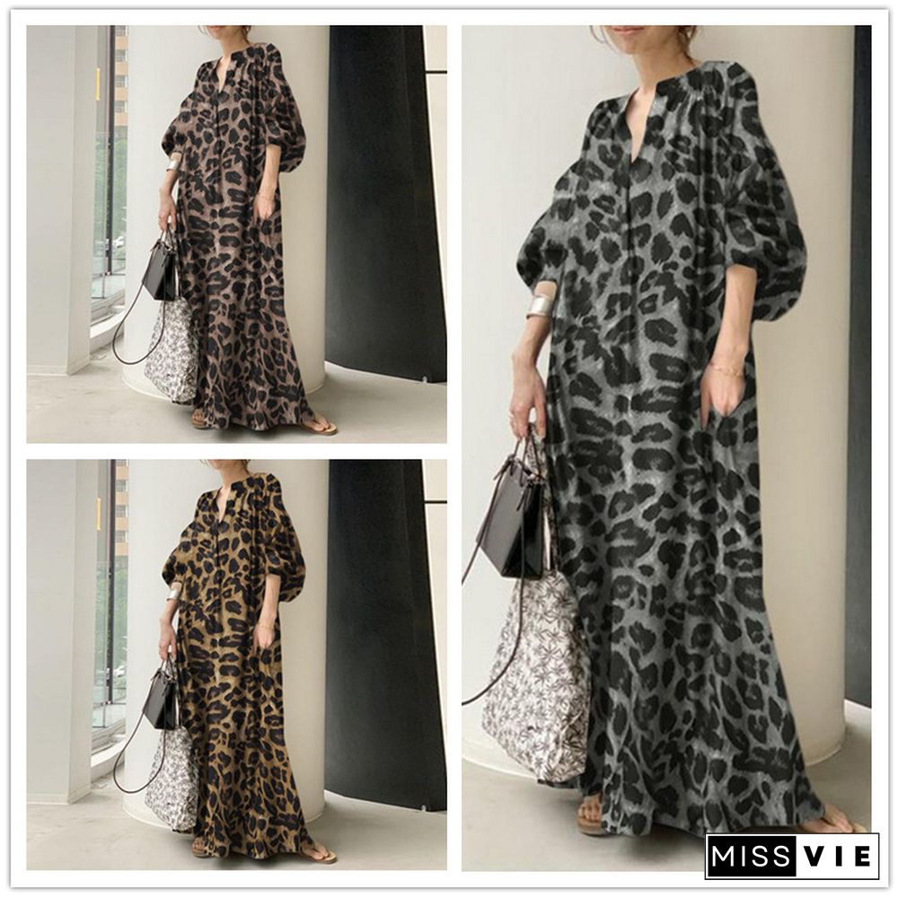 Leopard Print Stand Collar Bubble Sleeve Fashion Loose Casual Shirt Dress Black Dresses