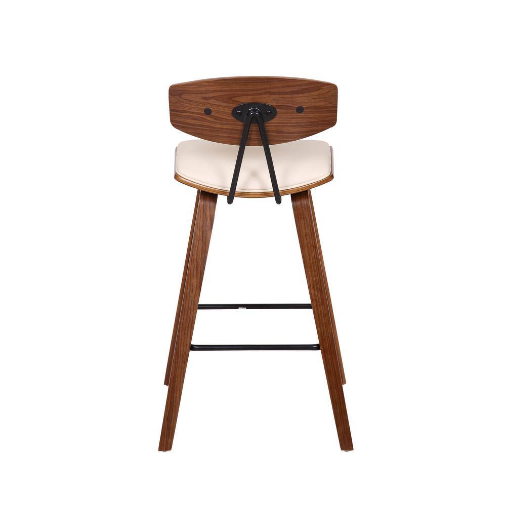 Armen Living Fox 26 in. Mid-Century Counter Height Bar Stool in Cream Faux Leather with Walnut Wood LCFOBAWACR26