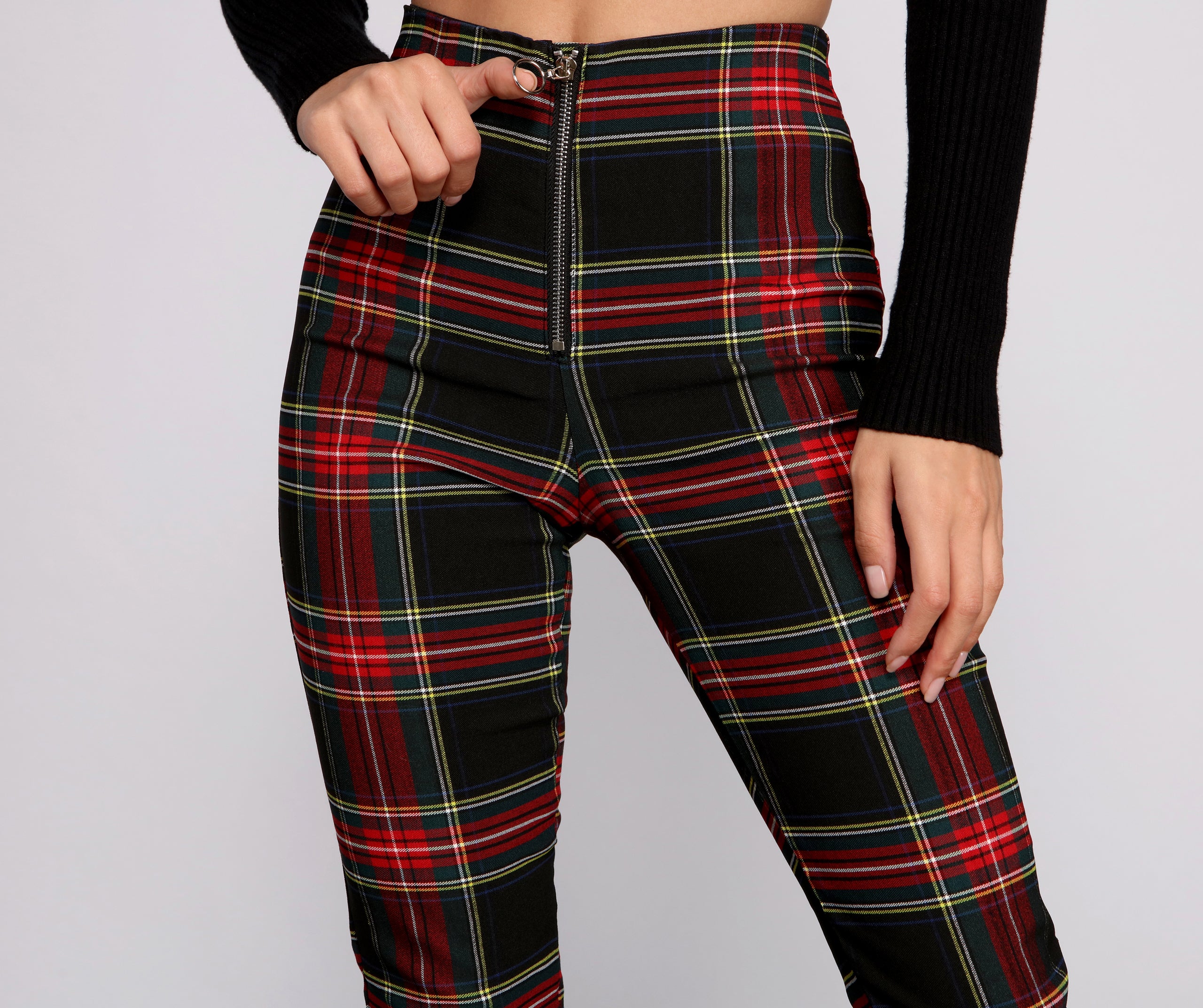 High Waist Plaid Zip Front Pants