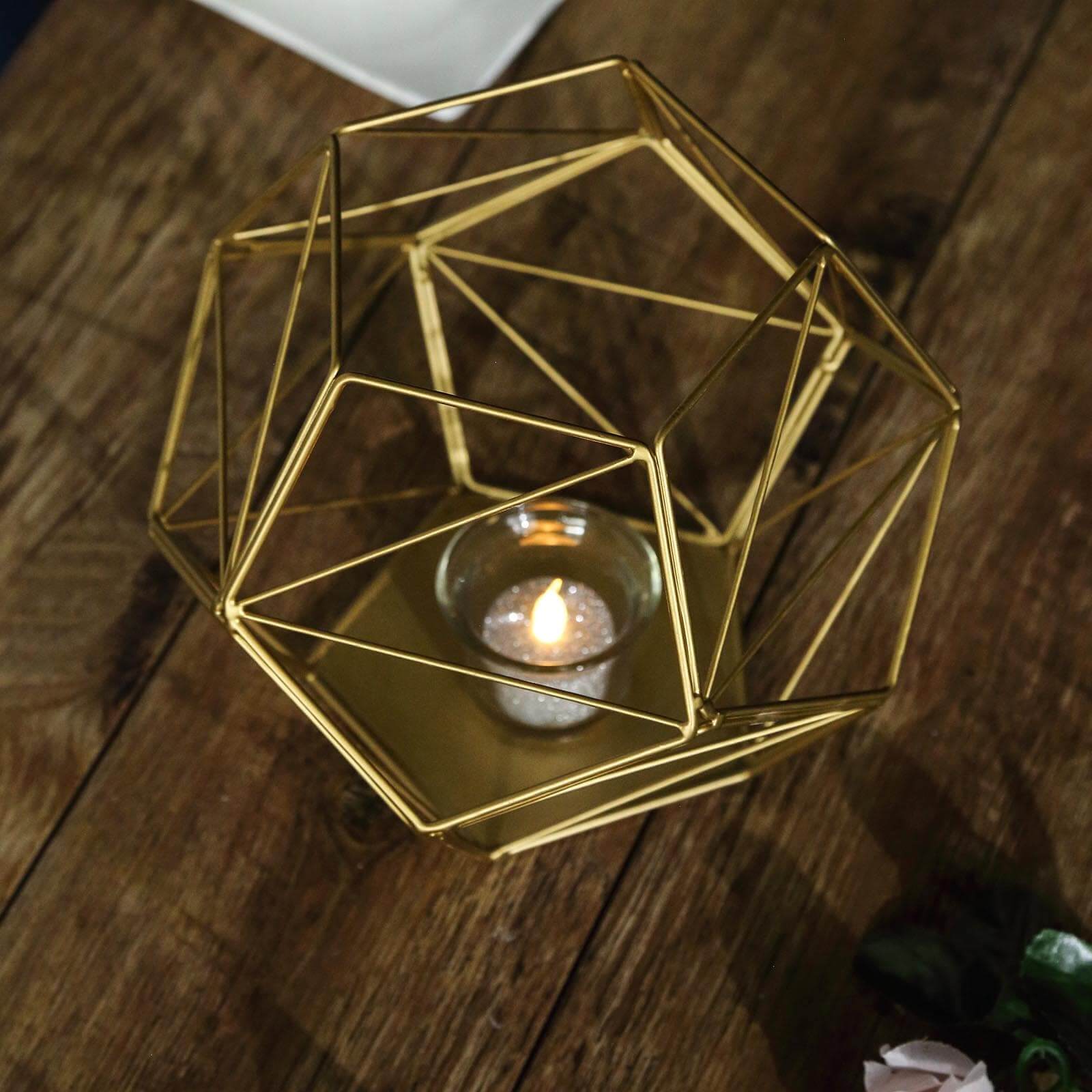 Gold Metal Pentagon Prism Tealight Candle Holder, Open Frame Geometric Flower Stand 7