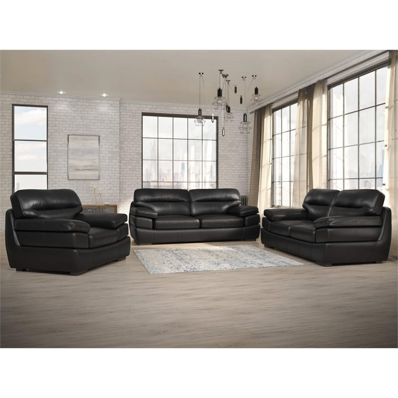 Sunset Trading Jayson 3 Piece Modern Top Grain Leather Living Room Set in Black   Contemporary   Living Room Furniture Sets   by Homesquare  Houzz