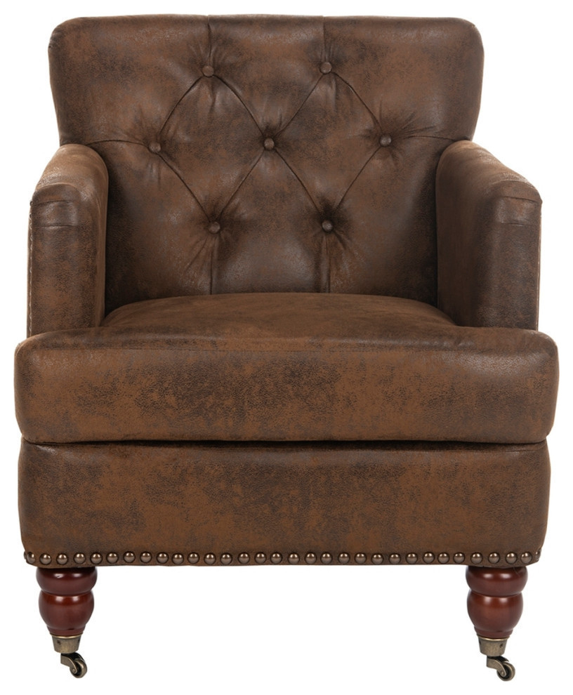 Leonard Tufted Club Chair With Brass Nail Heads Brown/Cherry Mahogany   Traditional   Armchairs And Accent Chairs   by Rustic Home Furniture Deco  Houzz