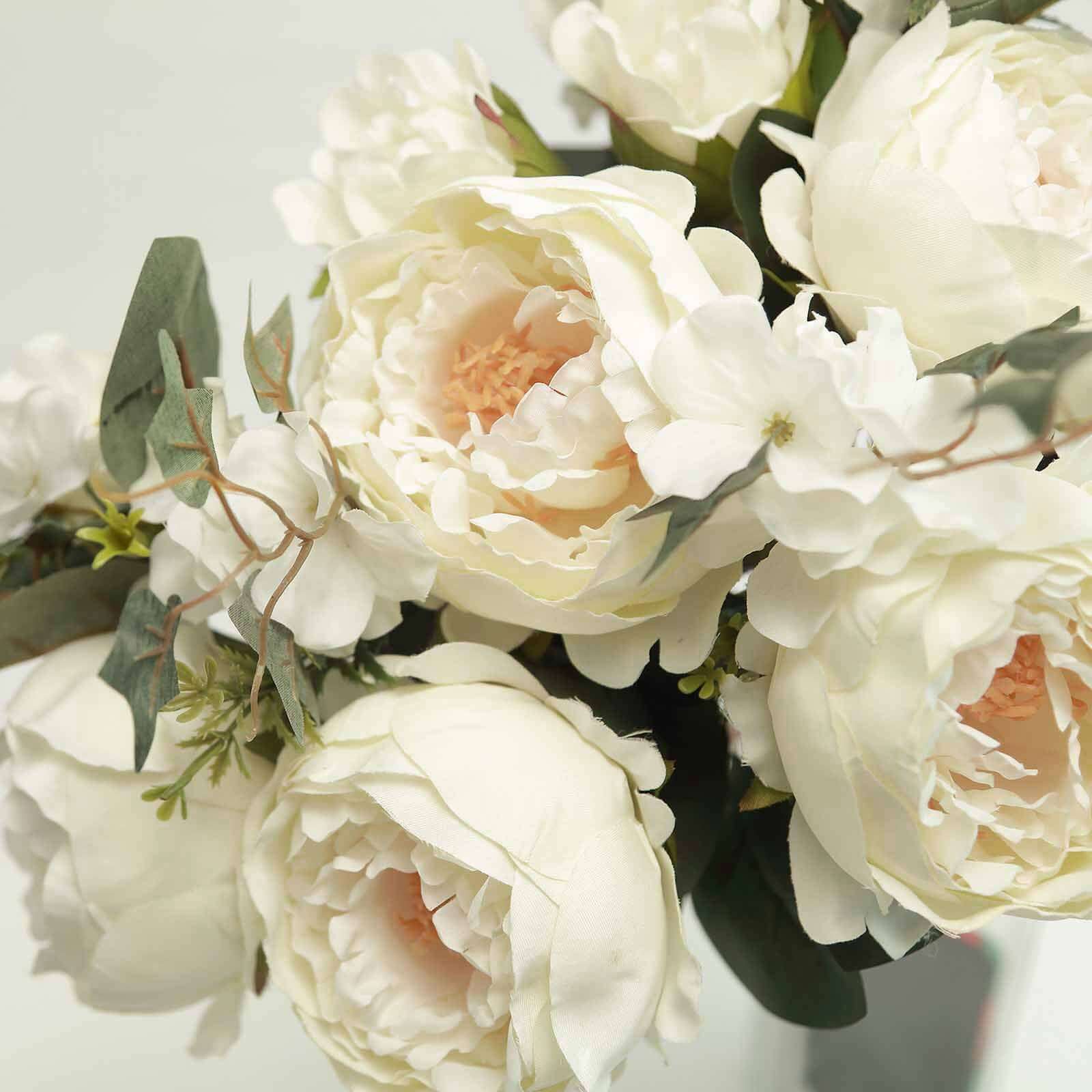 2 Bush Ivory Artificial Silk Peony, Rose and Hydrangea Flower Bouquet