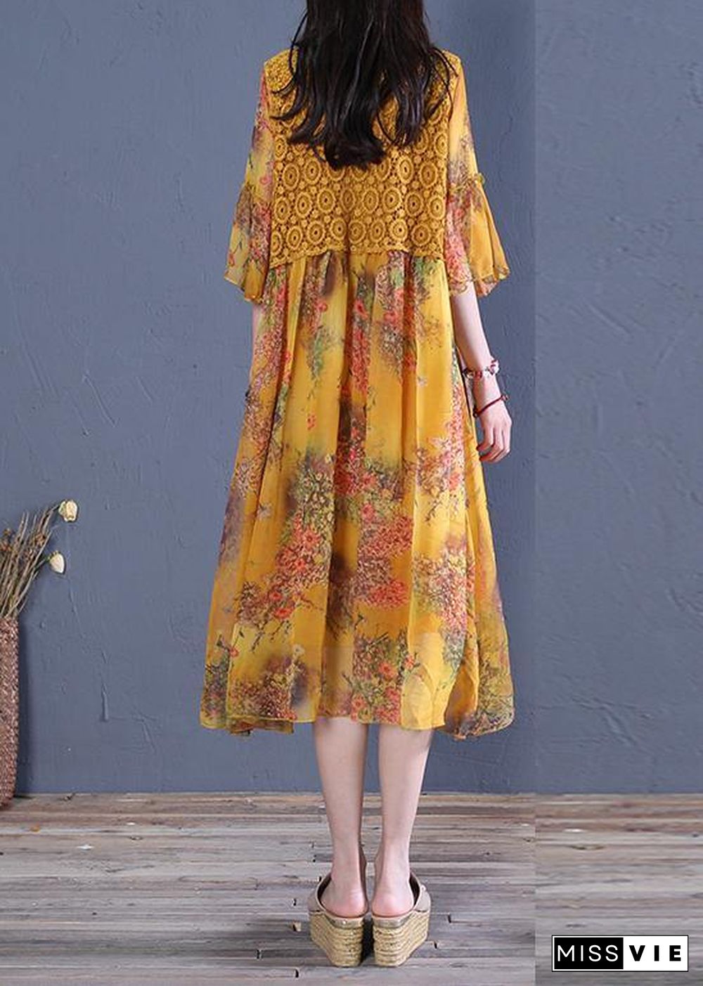 Italian o neck Butterfly Sleeve Cotton Fabrics yellow print Dress