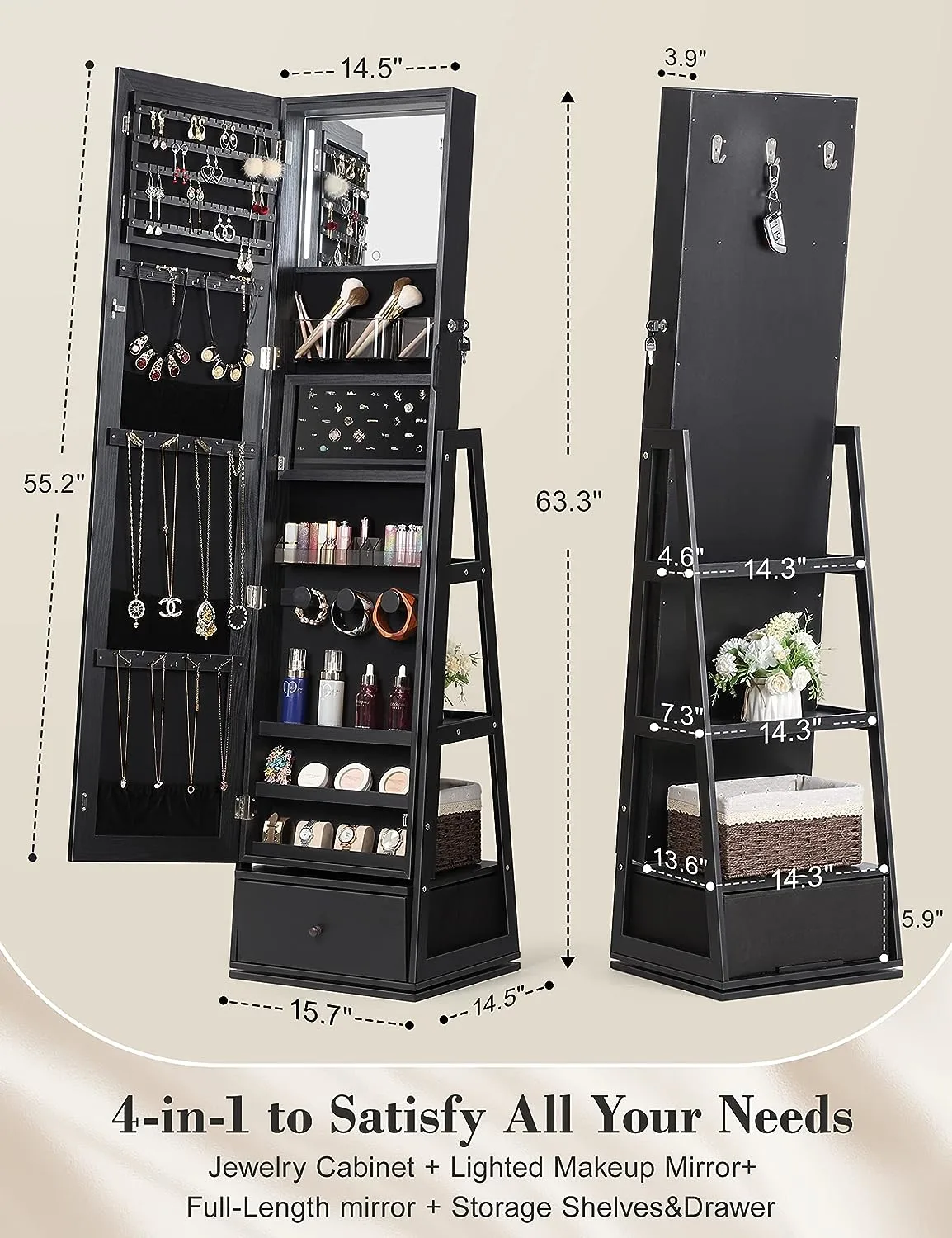 ⭐️360° Swivel Jewelry Cabinet with Lights - 🌟Touch Screen Vanity Mirror 🌟