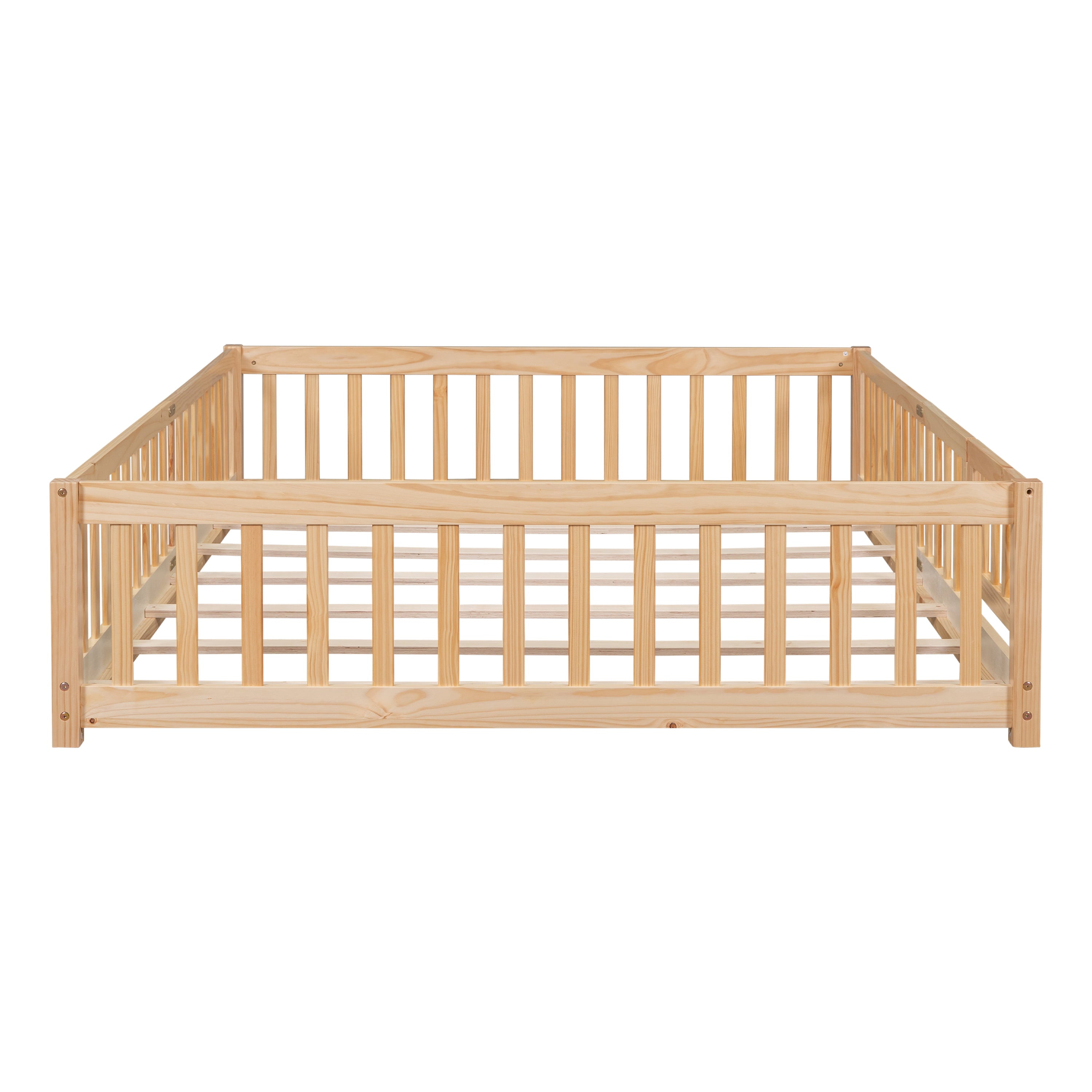 uhomepro Queen Size Wood Floor Bed Frame with Fence and Door for Kids, Toddlers, Natural