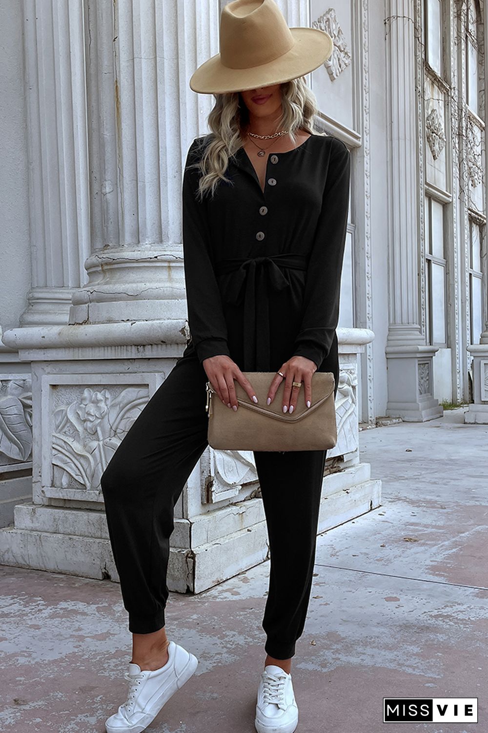 Black One Piece Jumpsuit with Waist Tie