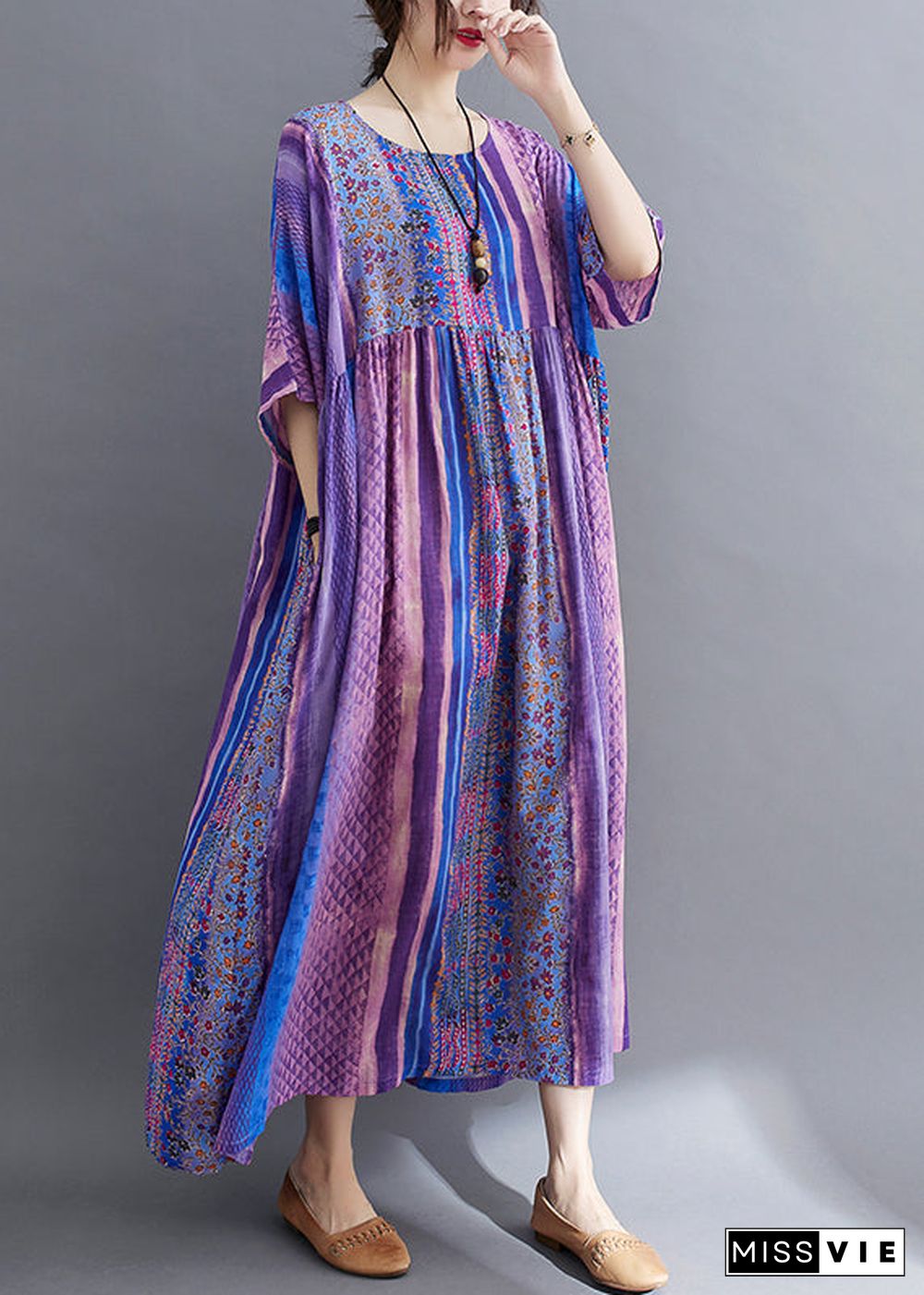 Simple Purple Wrinkled Patchwork Pockets Print Cotton Long Dress Half Sleeve