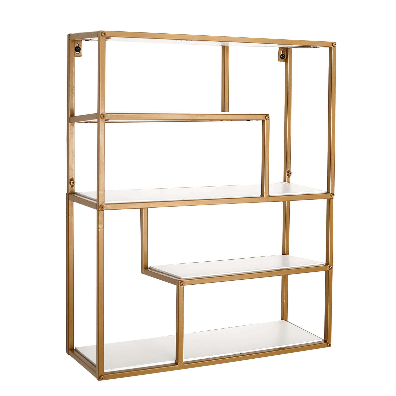 Gold Metal 4-Tier Dessert Cupcake Stand, Wall Hanging Shelf Display Rack, Book Shelf With White Wood Panels 22