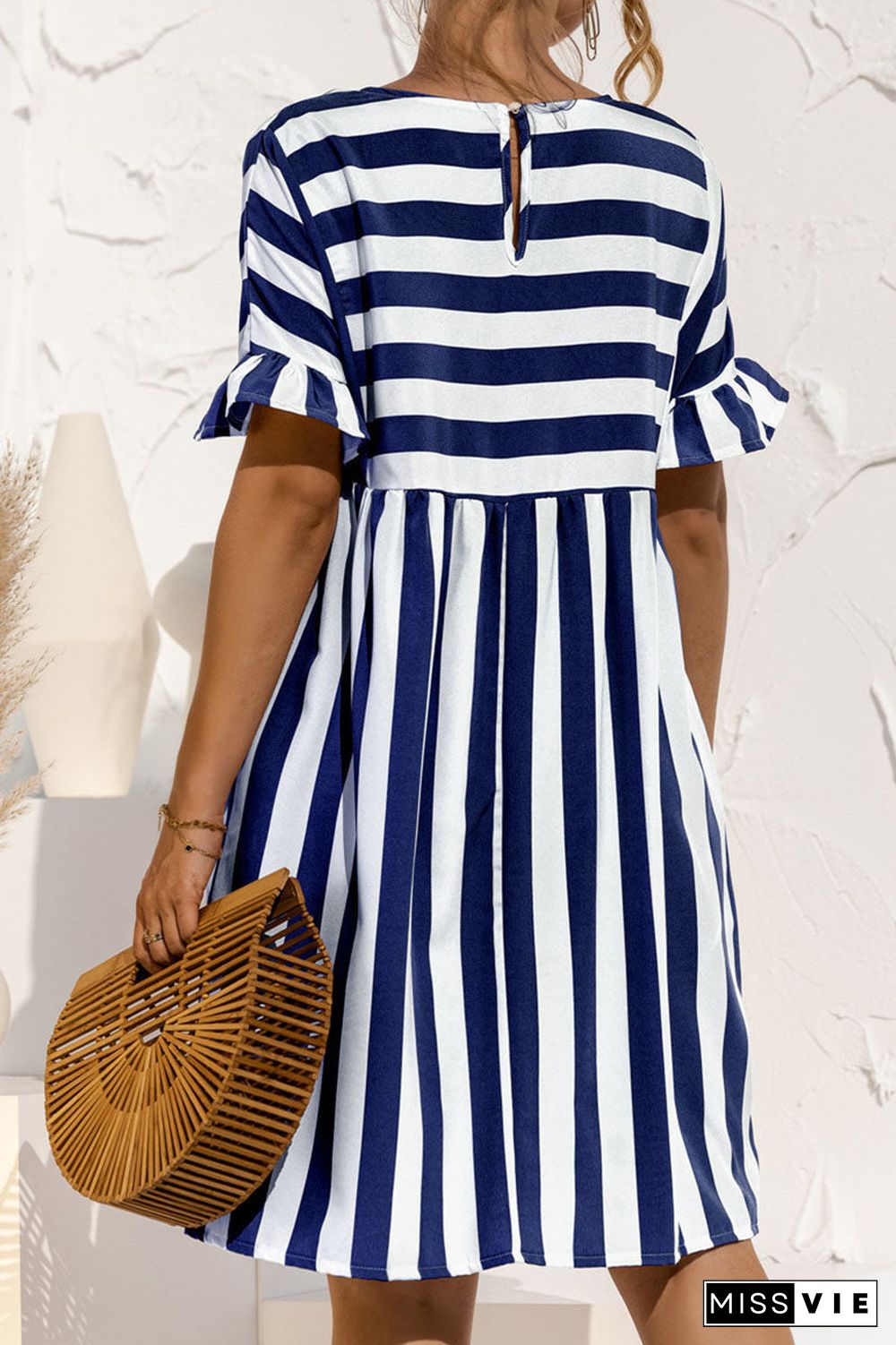 Fashion Casual Striped Split Joint O Neck A Line Dresses