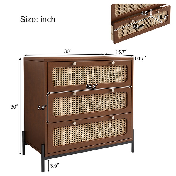 3-Piece Queen Bedroom Sets w/Rattan Platform Bed， Nightstand and Chest - - 37927426