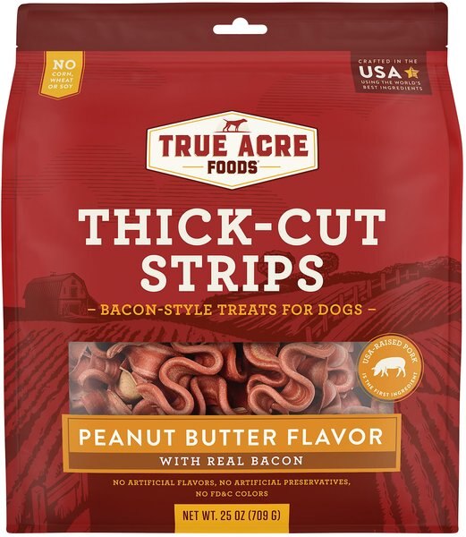 True Acre Foods Thick Cut Strips with Real Bacon and Peanut Butter Flavor Dog Treats， 25-oz bag