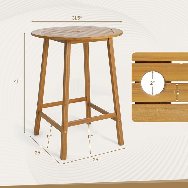 Gymax 31.5'' Patio Round Bar Table Acacia Wood W/Umbrella Hole Indoors