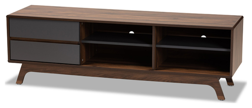 Koji Mid  Century Modern Two  Tone Gray Walnut Finished Wood 2  Drawer Tv Stand   Midcentury   Entertainment Centers And Tv Stands   by VirVentures  Houzz