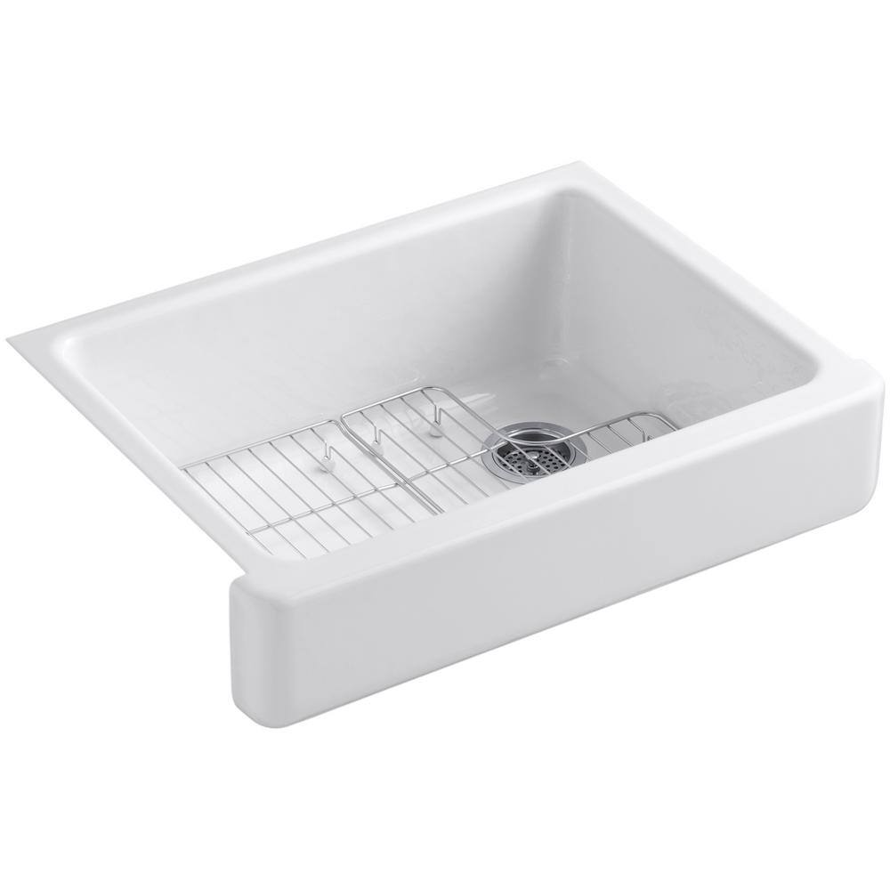 KOHLER Whitehaven Farmhouse Apron Front Self-Trimming Cast Iron 30 in. Single Bowl Kitchen Sink in White with Basin Racks K-6486-0-6638-ST