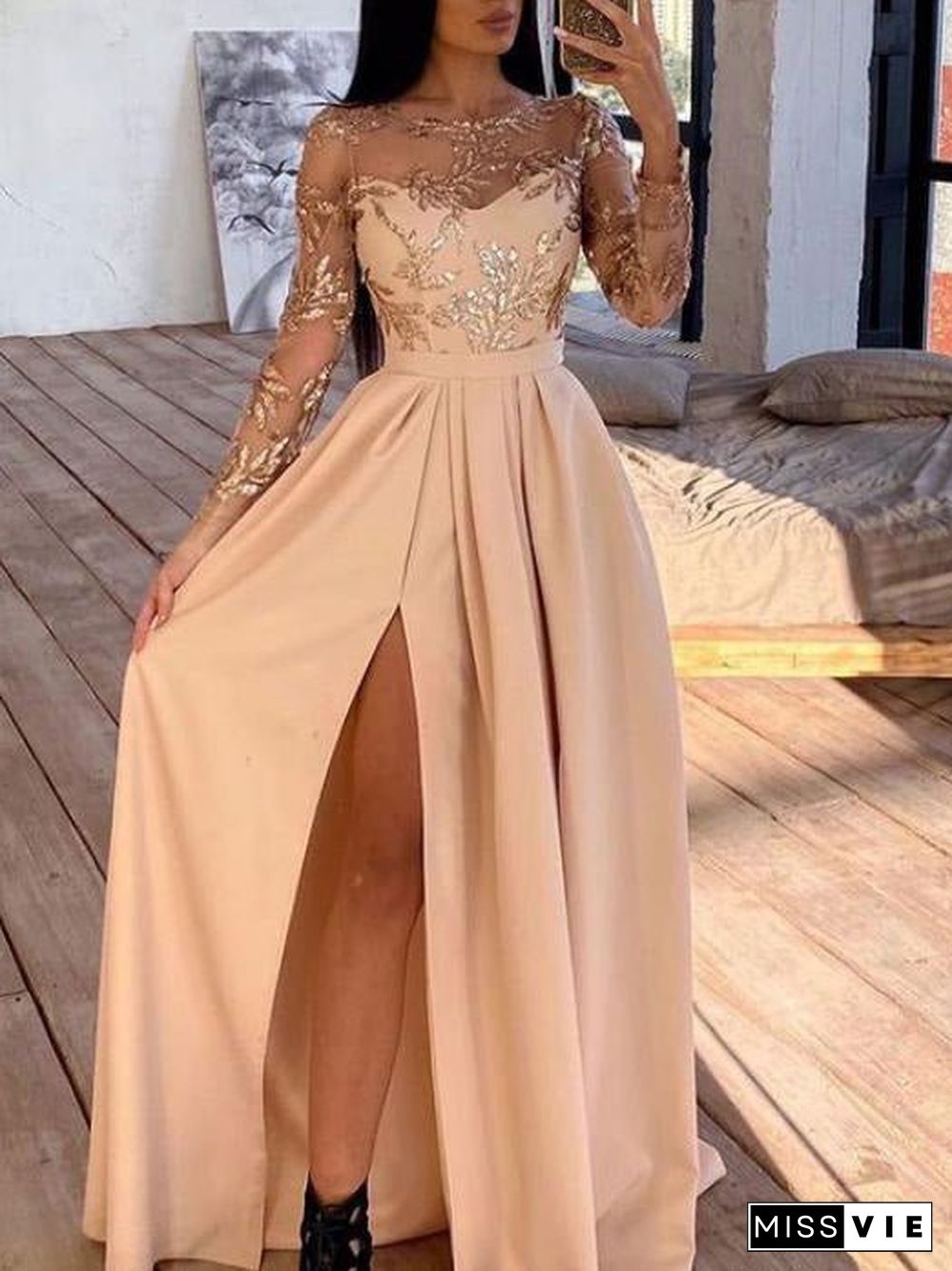 Women'S Dresses Bronzed Sequin Long Sleeve Slit Dress