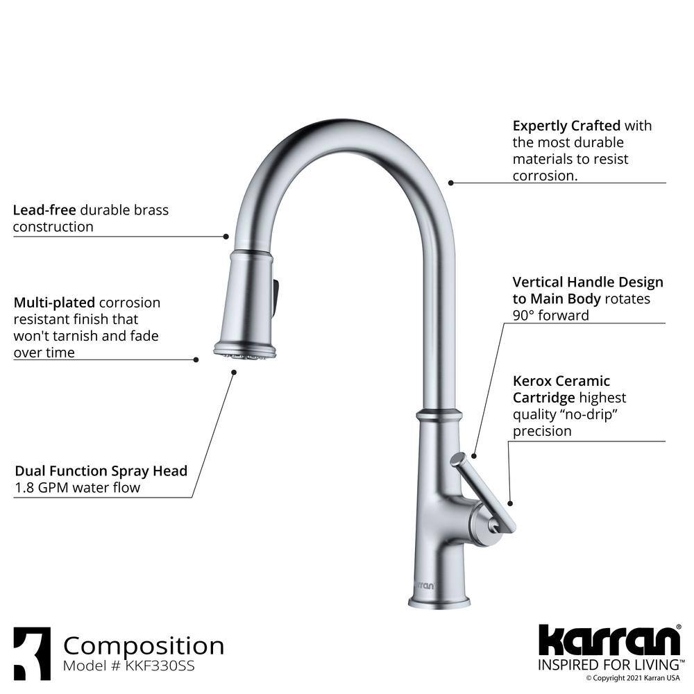 Karran QT- 710 qt. 33 in. 5050 Double Bowl Drop-In Kitchen Sink in Black with Faucet in Stainless Steel QT710BLKKF330SS