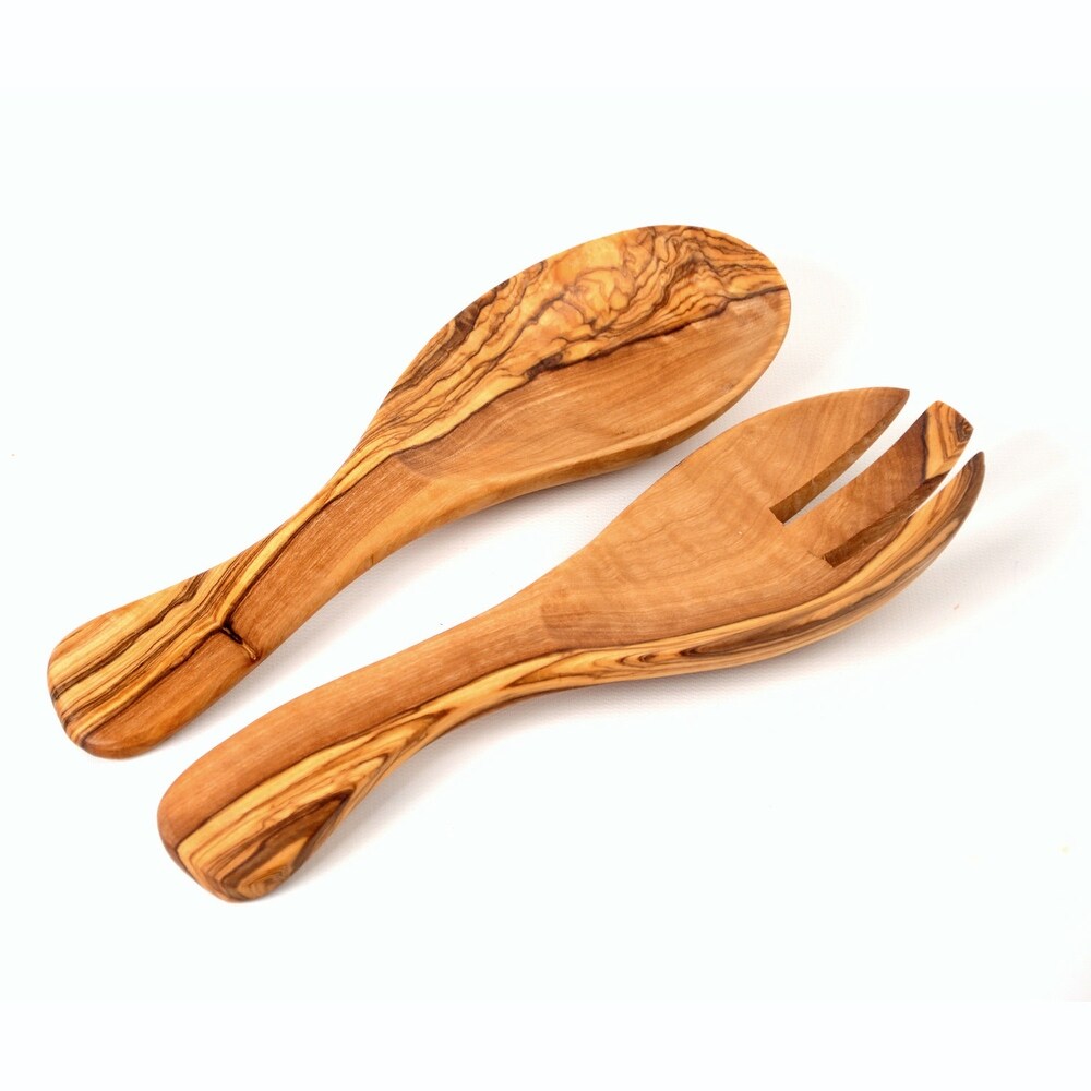 BeldiNest Handmade Olive Wood Utensil Set of Two   9 inch Curved Salad Servers (Spoon and Fork)