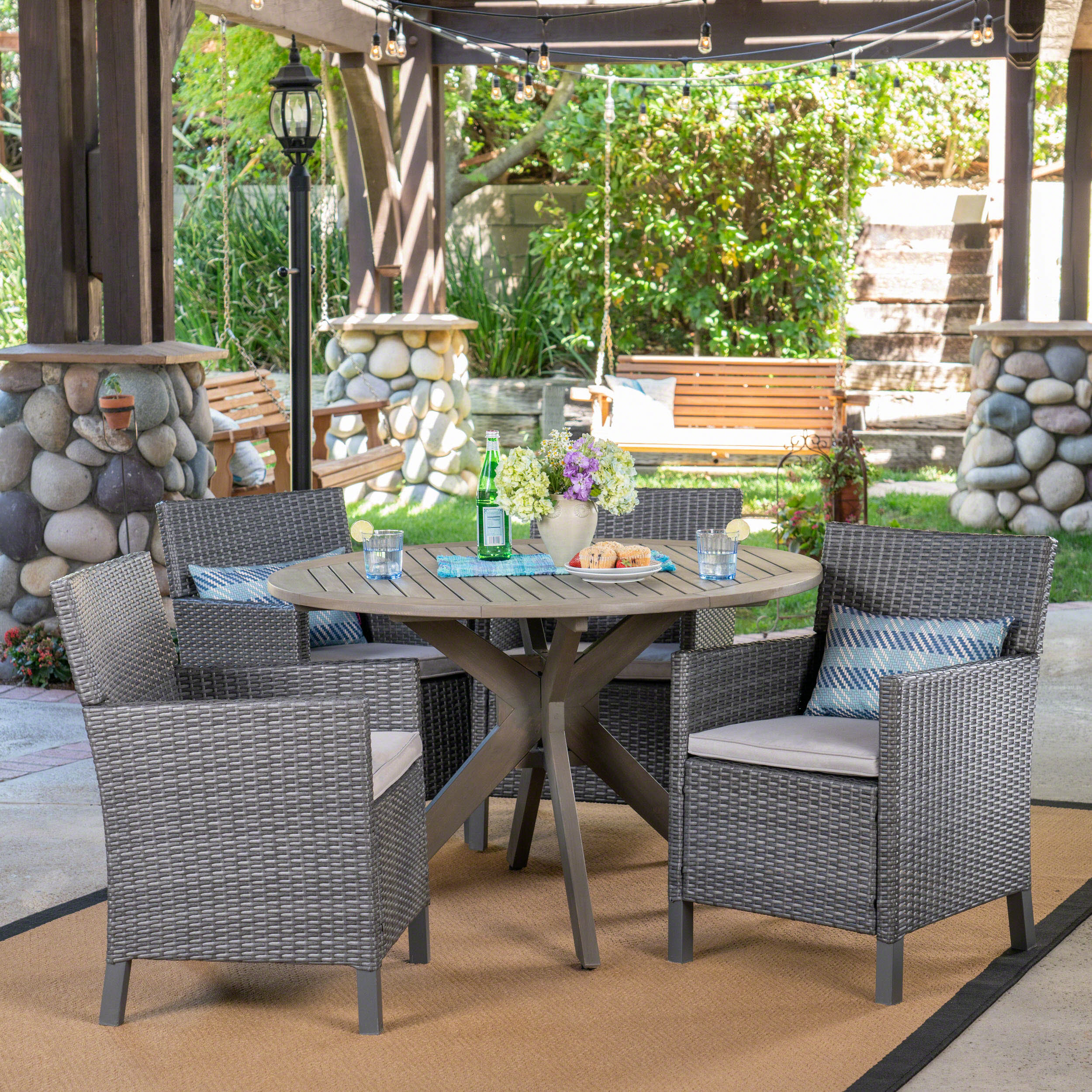 Kirby Outdoor 5 Piece Wood and Wicker Dining Set, Gray and Gray