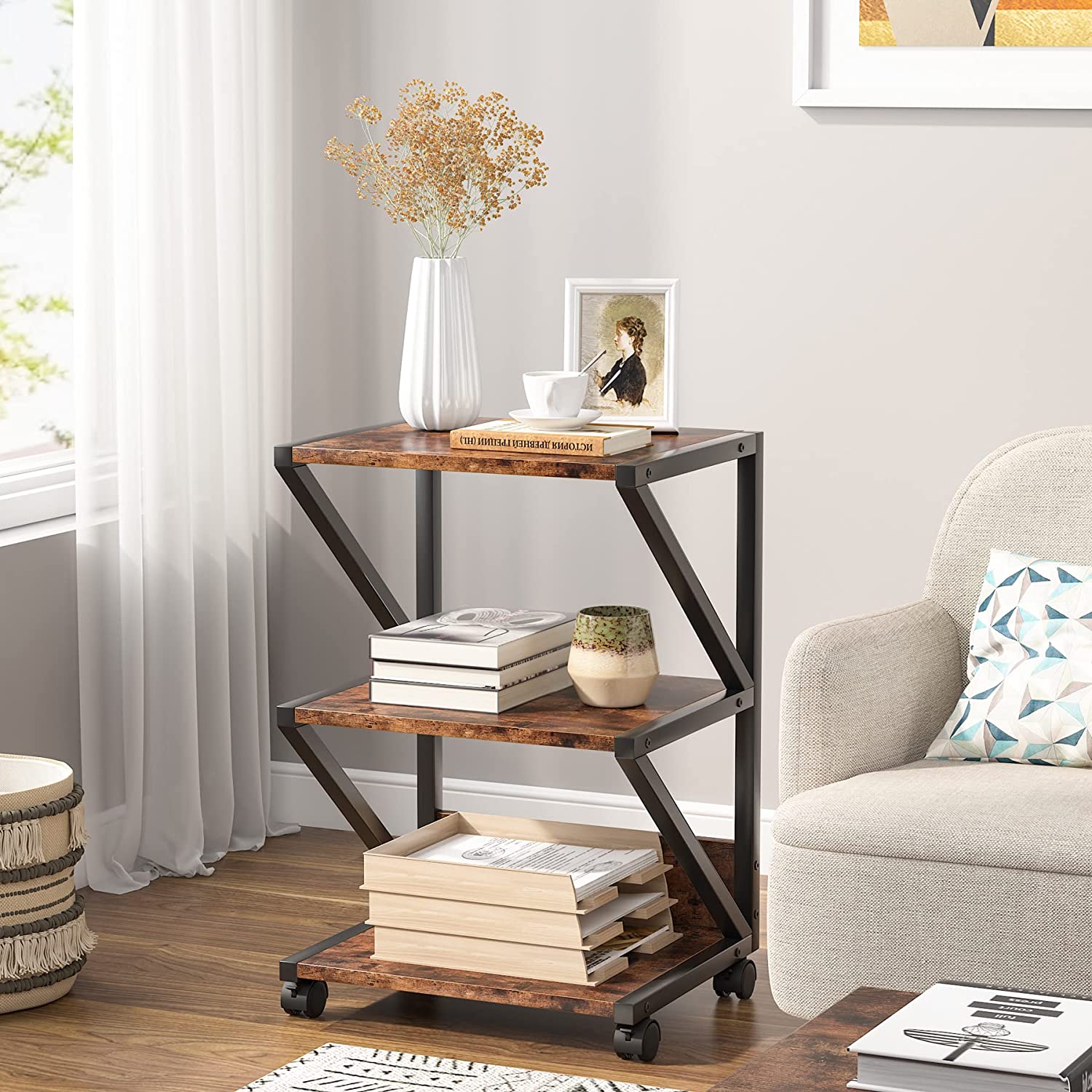 3-Tier Printer Stand, Rolling Printer Cart Under Desk Storage Shelf